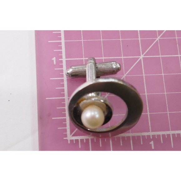 MCM Signed P&K Sterling Silver Atomic Look Cuff Links With Pearls Wedding Prom - Picture 12 of 12